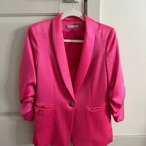 Alice + Olivia 'Sebastian' Ruched-Sleeve Satin Blazer Jacket, Wild Pink